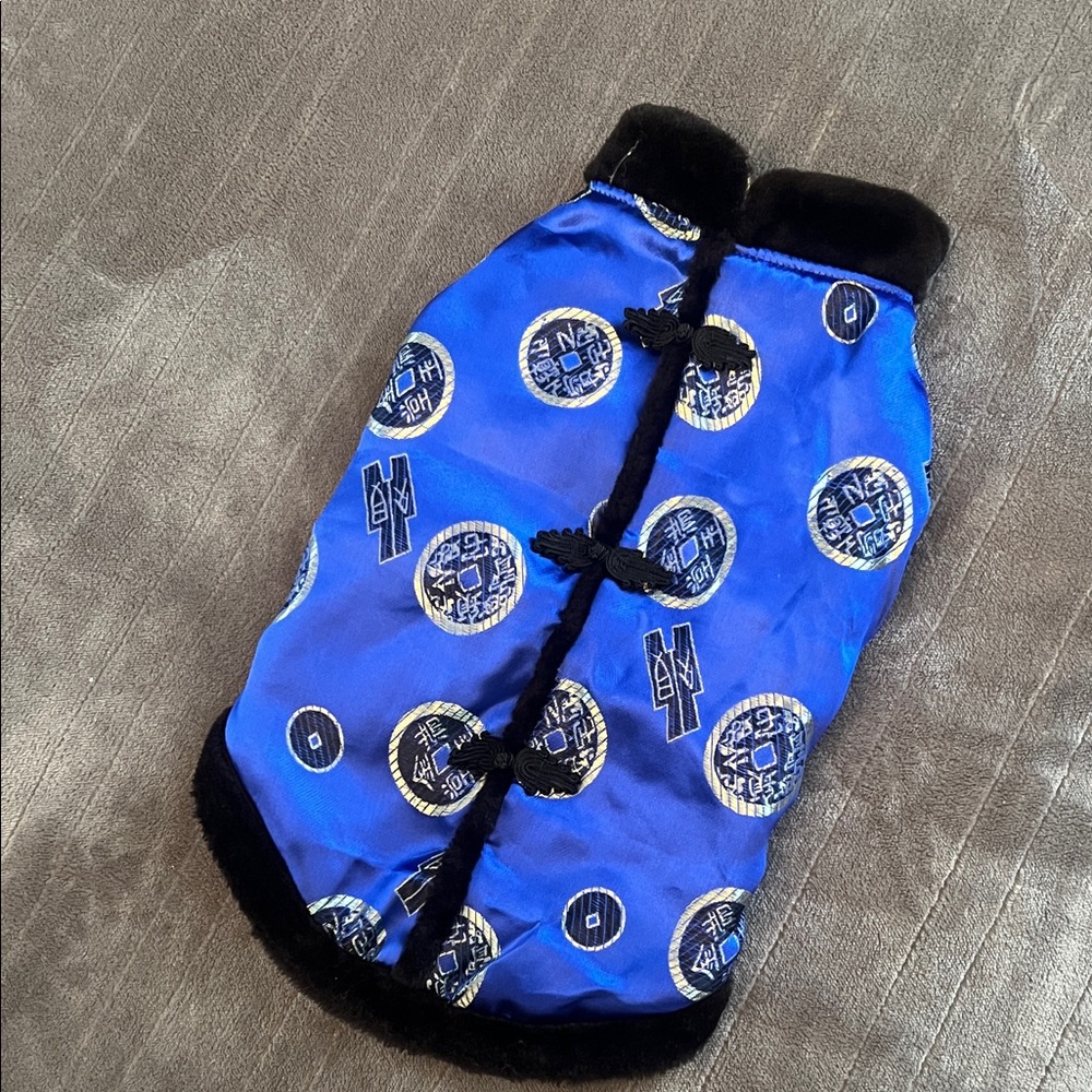 Blue Satin Dog Coat with Black Trim